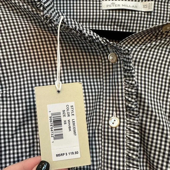 Peter Millar Black White Checkered Button Down Ruffle Collar Sleeve Blouse XS - Picture 9 of 10